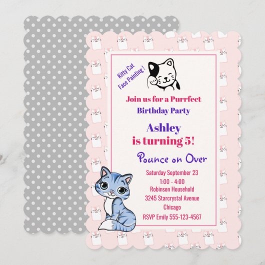 Invitation Thème de fête d'anniversaire chaton rose (Devant / Derrière)