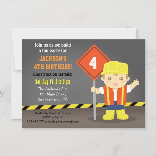 Invitation Thème de fête d'anniversaire Construction Builder (Devant)