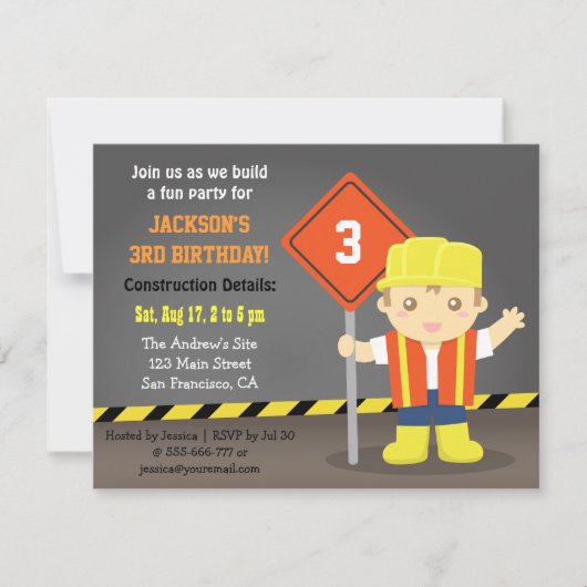Invitation Thème de fête d'anniversaire Construction Builder (Devant)