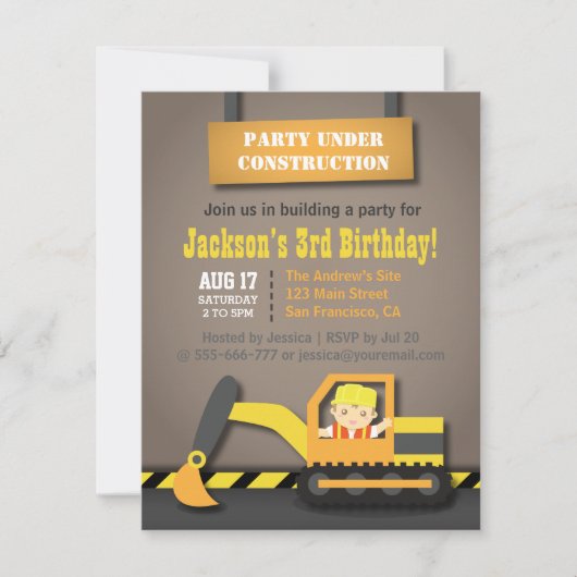 Invitation Thème de fête d'anniversaire Construction de pelle (Devant)