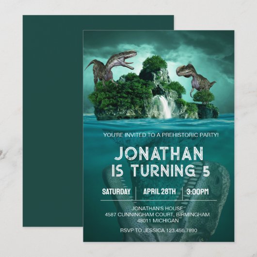 Invitation Thème de fête d'anniversaire Dinosaure T rex (Devant / Derrière)