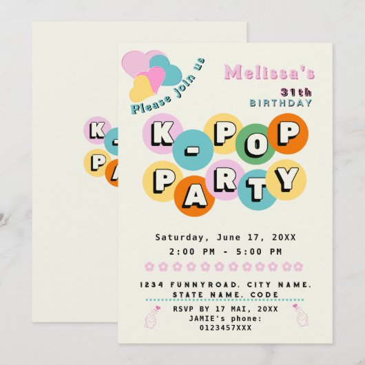 Invitation Thème de fête d'anniversaire musique pop coréenne  (Devant / Derrière)