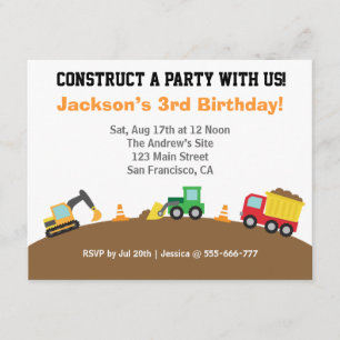 Invitation Thème de fête d'anniversaire Véhicules de construc