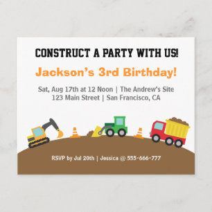 Invitation Thème de fête d'anniversaire Véhicules de construc