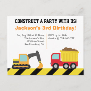 Invitation Thème de fête d'anniversaire Véhicules de construc