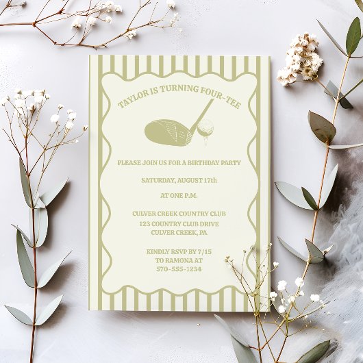 Invitation Thème de fête de golf rayures vert sauge et crème