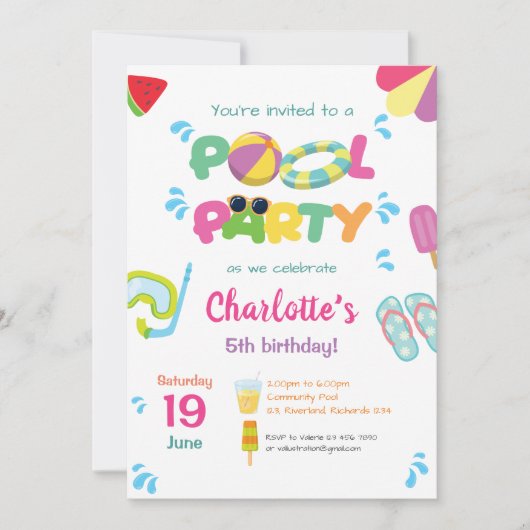 Invitation Thème de fête de piscine (Devant)
