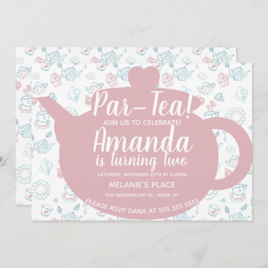 Invitation Thème de fête de thé Doodle Whimisical (Devant / Derrière)