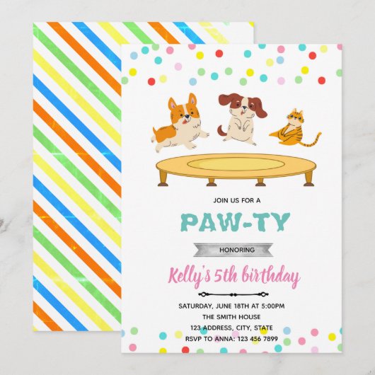 Invitation Thème de fête de trampoline chat chien (Devant / Derrière)