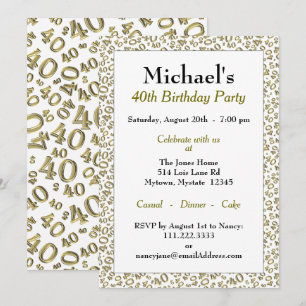 Invitation Thème de fête du 40e anniversaire - Motif or et bl