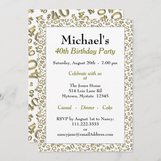 Invitation Thème de fête du 40e anniversaire - Motif or et bl (Devant / Derrière)
