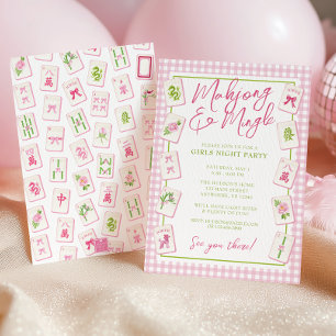 Invitation Thème de fête Mahjong Ruban Gingham Rose Aquarelle