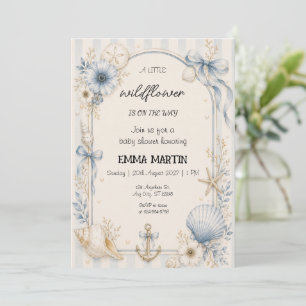 Invitation Thème de Fleurs Sauvages pour Baby Shower Bleu Côt