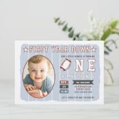 Invitation Thème de football Dusty Blue Stripes Garçon 1er an (Debout devant)