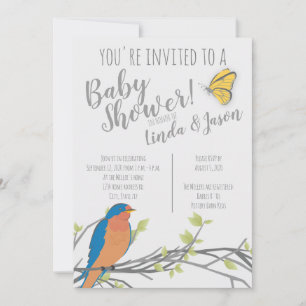 Invitation Thème de forêt Baby Shower avec oiseau bleu et fe