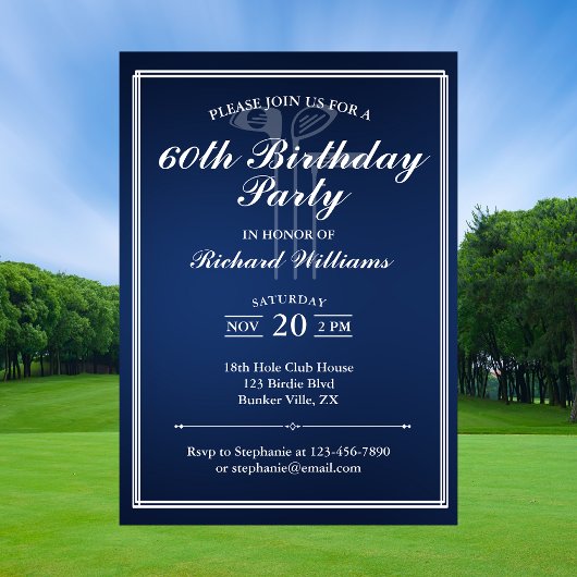 Invitation Thème de golf classique bleu blanc 60e anniversair