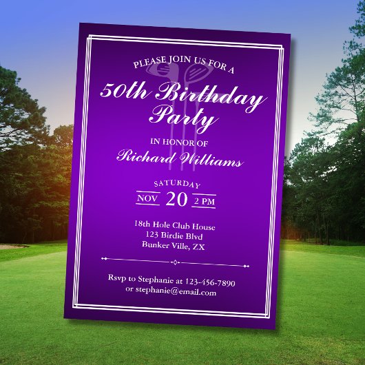 Invitation Thème de golf classique violet blanc 50e anniversa