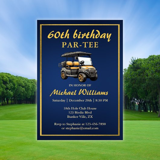 Invitation Thème de golf élégant Panier Bleu Or 60e Anniversa