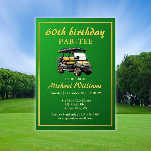 Invitation Thème de golf élégant Panier Vert Or 60e Anniversa