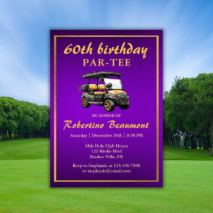 Invitation Thème de golf élégant Panier Violet Or 60e Anniver