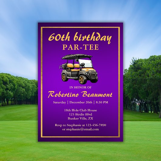 Invitation Thème de golf élégant Panier Violet Or 60e Anniver