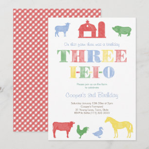 Invitation Thème de la ferme Trois I-E-I-O Fête d'anniversair
