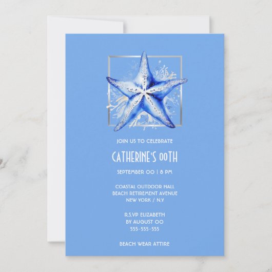 Invitation Thème de la plage bleu argent Starfish (Devant)