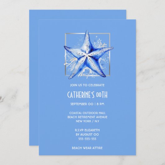Invitation Thème de la plage bleu argent Starfish (Devant / Derrière)