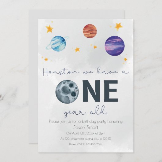 Invitation Thème de l'espace Première fête d'anniversaire (Devant / Derrière)