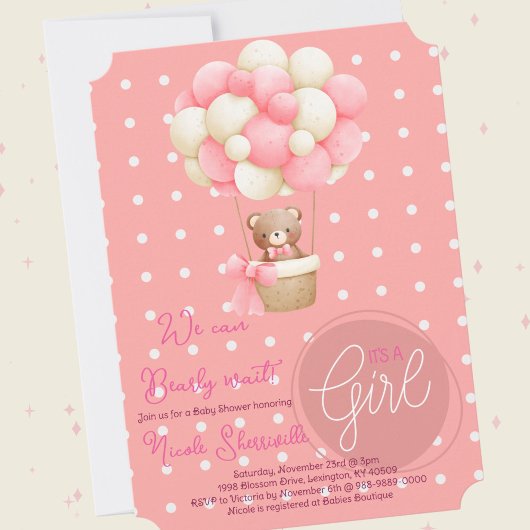 Invitation Thème de l'ours Peach Baby shower de ballon à air