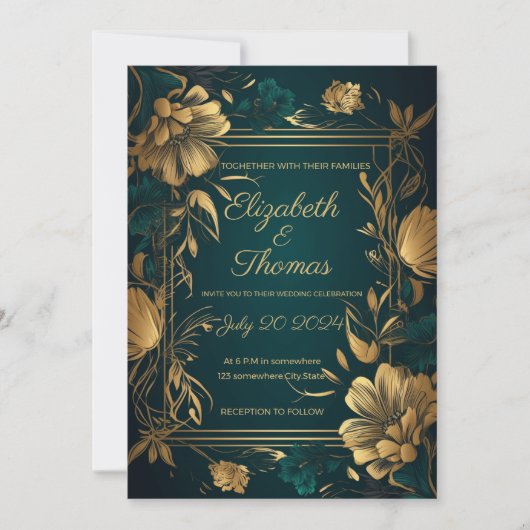 Invitation thème de luxe or et vert. (Devant)