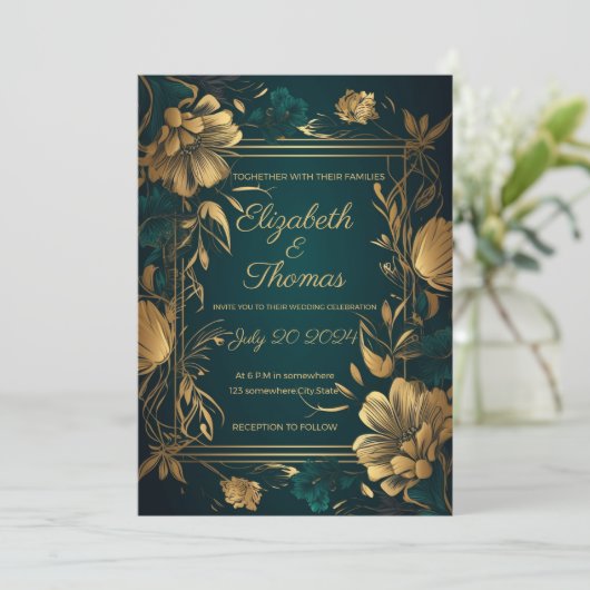 Invitation thème de luxe or et vert. (Debout devant)