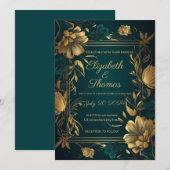 Invitation thème de luxe or et vert. (Devant / Derrière)
