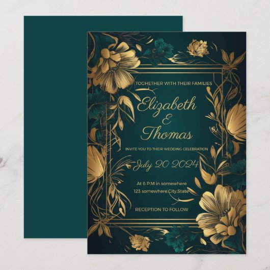 Invitation thème de luxe or et vert. (Devant / Derrière)