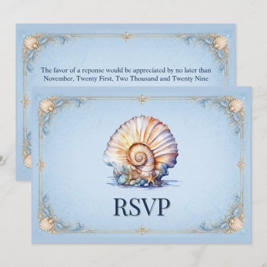 Invitation Thème de mariage de luxe coquillage plage conque R (Devant / Derrière)