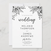 Invitation Thème de mariage floral noir et blanc simple (Devant)