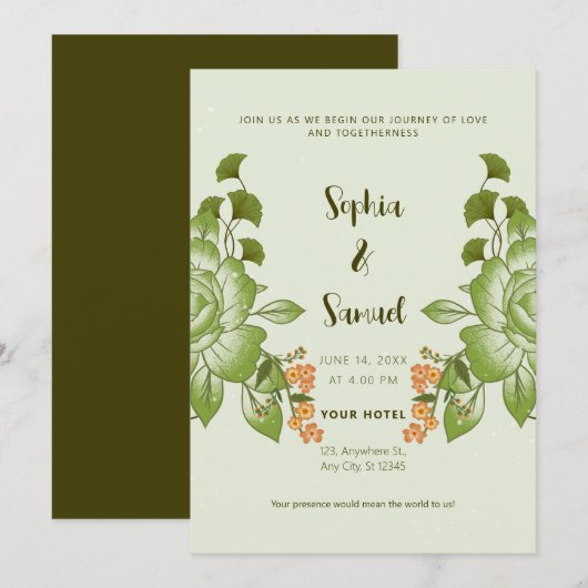 Invitation Thème de Mariage Floral Rose vert (Devant / Derrière)