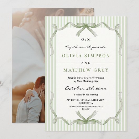 Invitation Thème de mariage sage avec ruban et rayure (Devant / Derrière)
