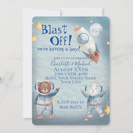Invitation Thème de mignon animaux dans l'espace pour bébé ga (Devant)
