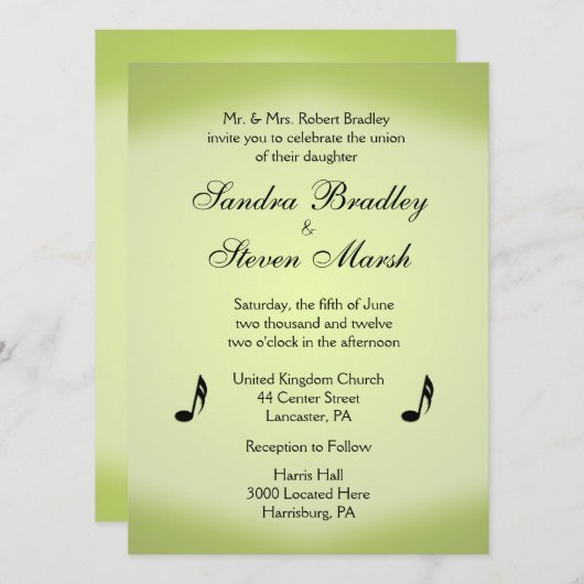 Invitation Thème de musique Mariage vert (Devant / Derrière)