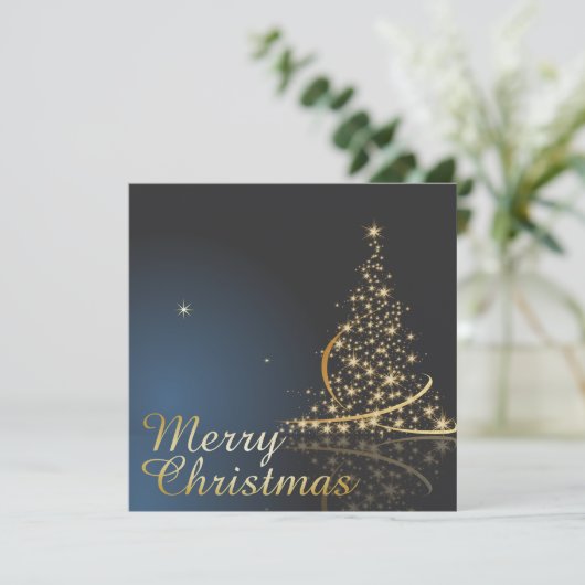 Invitation Thème de Noël bleu avec arbre de Noël doré (Debout devant)