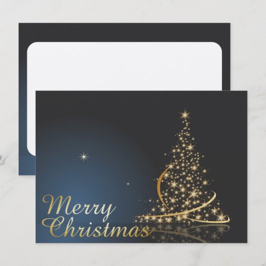 Invitation Thème de Noël bleu avec arbre de Noël doré (Devant / Derrière)