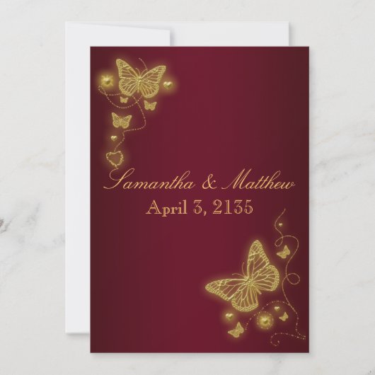 Invitation Thème de papillon de mariage d'or de Bourgogne (Devant)