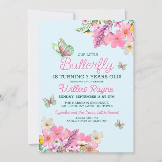 Invitation Thème de papillon rose doux Fille Anniversaire (Devant)