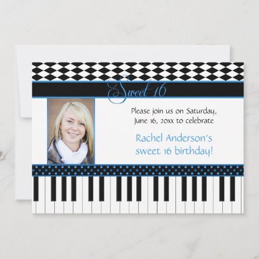 Invitation Thème de piano noir bleu pour 16 ans (Devant)