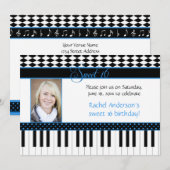 Invitation Thème de piano noir bleu pour 16 ans (Devant / Derrière)