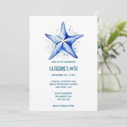 Invitation Thème de plage bleu Starfish (Debout devant)