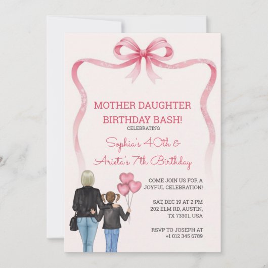 Invitation Thème de ruban rose pour mère et fille d'anniversa (Devant)