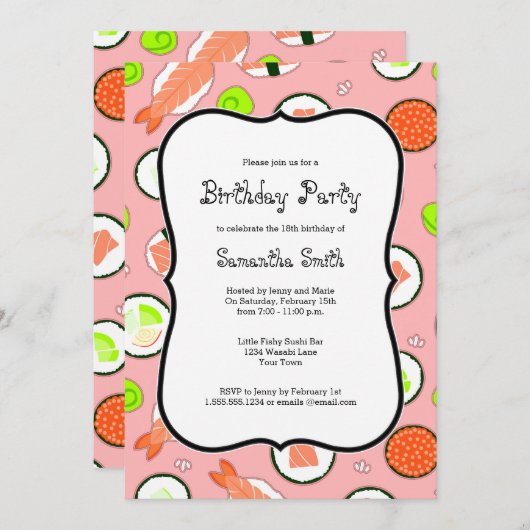 Invitation Thème de Sushi rose Fête d'anniversaire (Devant / Derrière)