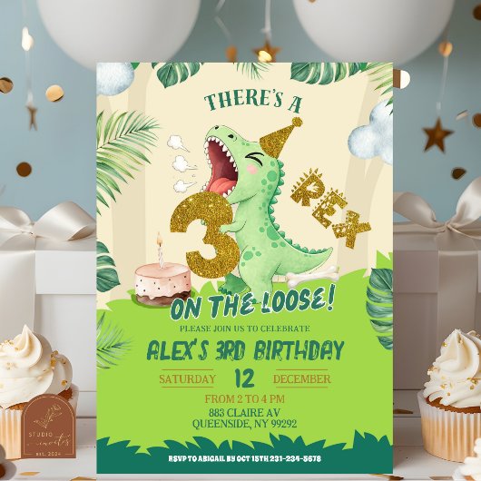 Invitation Thème Dinosaure Garçon Vert 3-Rex Troisième Annive